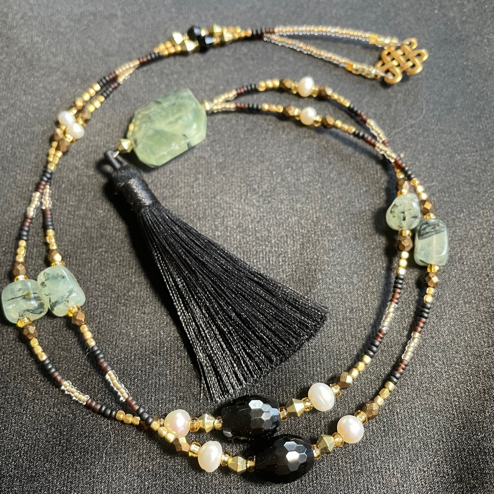 Long beaded Mala necklace tourmaline